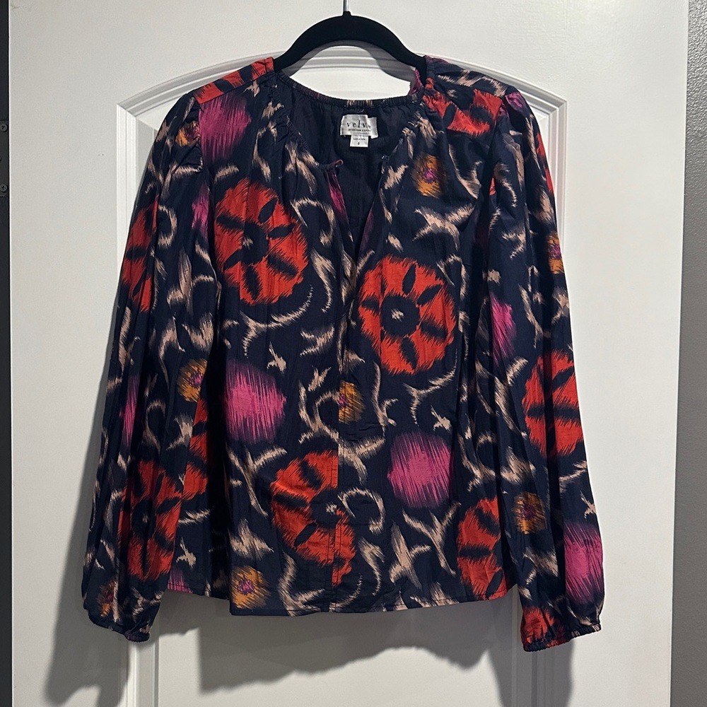 Velvet Black and Red Floral Blouse